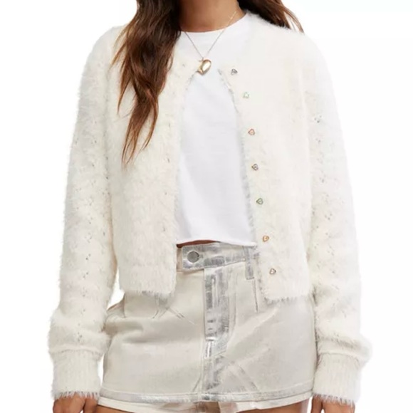 NWOT Free People Celeste Cardigan sweater‎ large ivory white fuzzy classic - Picture 1 of 10